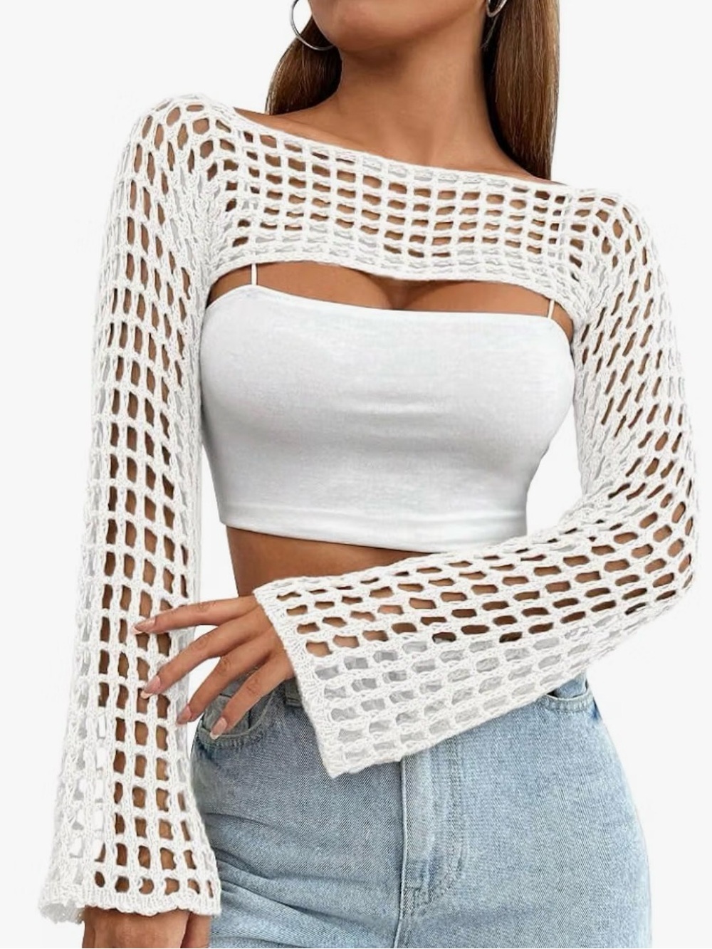 XL Crochet Shrug Y2K Hollow Out Bolero Shrug See Through Crop Knit Sweater Top